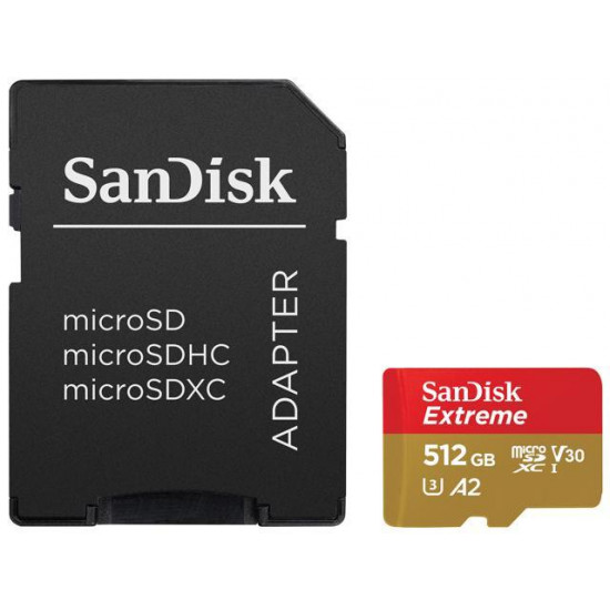 SanDisk Extreme microSDXC 512GB + SD Adapter + 1 year RescuePRO Deluxe up to 190MB/s & 130MB/s Read/Write speeds A2 C10 V30 UHS-I U3, EAN: 619659189648