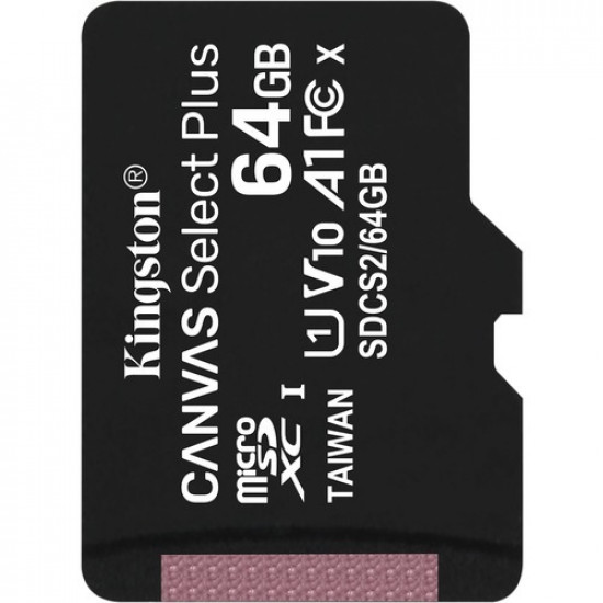 KINGSTON 64GB MICROSDHC CANVAS SELECT PLUS 100R SINGLE PACK W/O ADAPTER 