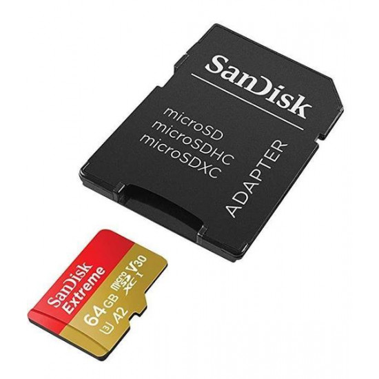 SanDisk Extreme microSDXC 64GB for Action Cams and Drones + SD Adapter + 1 year RescuePRO Deluxe up to 170MB/s & 80MB/s Read/Write speeds A2 C10 V30 UHS-I U3, EAN: 619659193386