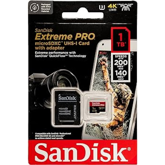 SanDisk Extreme PRO microSDXC 1TB + SD Adapter + 2 years RescuePRO Deluxe up to 200MB/s & 140MB/s Read/Write speeds A2 C10 V30 UHS-I U3, EAN: 619659188535