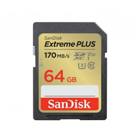 SanDisk Extreme PLUS 64GB SDXC Memory Card + 2 years RescuePRO Deluxe up to 170MB/s & 80MB/s Read/Write speeds, UHS-I, Class 10, U3, V30, EAN: 619659189341