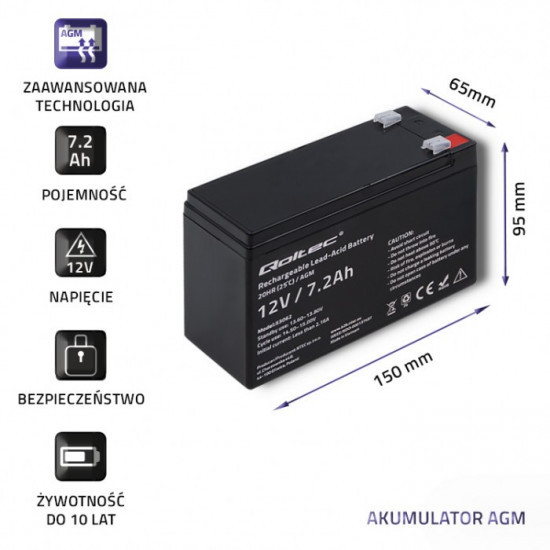 AGM battery 12V 7.2Ah, max. 108A