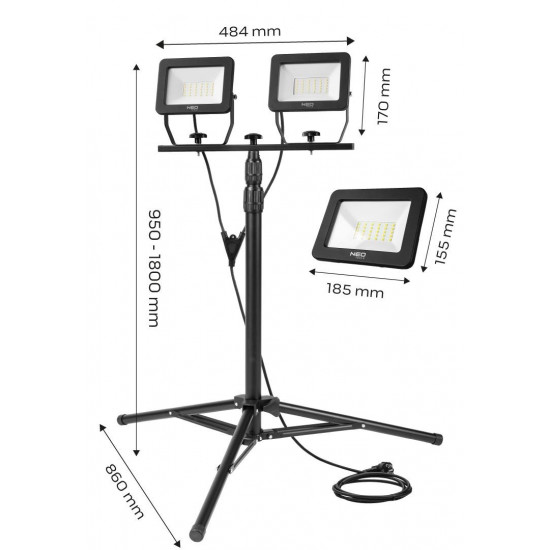 Double spotlight 2x50W SMD LED 8500lm 230V on tripod 1.8m