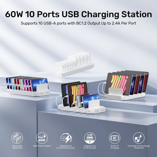 UNITEK CHARGING STATION 10X USB 2.4A 60W WHITE