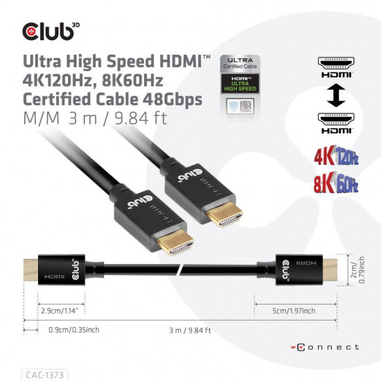 CABLE HDMI TO HDMI 3M/M/M CAC-1373 CLUB3D