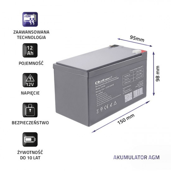 Qoltec 53049 AGM battery | 12V |  12Ah