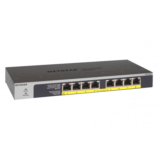 NETGEAR GS108LP Unmanaged Gigabit Ethernet (10/100/1000) Power over Ethernet (PoE) 1U Black, Grey