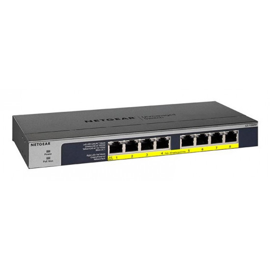 NETGEAR GS108PP Unmanaged Gigabit Ethernet (10/100/1000) Power over Ethernet (PoE) Black