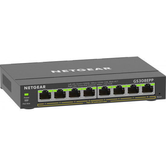 NETGEAR 8-Port Gigabit Ethernet High-Power PoE+ Plus Switch (GS308EPP) Managed L2/L3 Gigabit Ethernet (10/100/1000) Power over Ethernet (PoE) Black