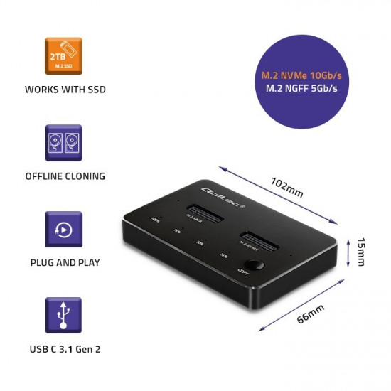 Qoltec 52274 M.2 SSD drive docking station | NVMe | SATA | USB-C | DUAL 2 x 2TB