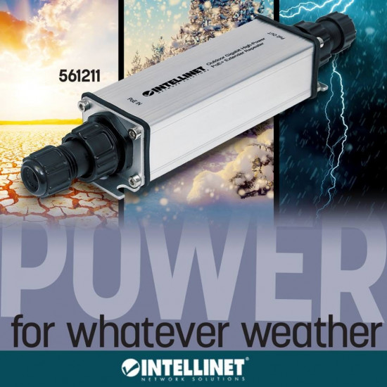 Intellinet Outdoor Gigabit High-Power PoE+ Extender Repeater, IEEE 802.3at/af Power over Ethernet (PoE+/PoE), Extends Range up to 100m, Metal, IP65