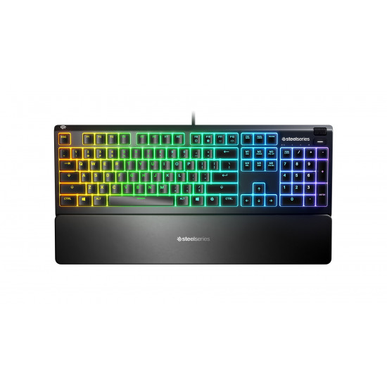 SteelSeries Apex 3 Gaming Keyboard, US Layout, Wired, Black SteelSeries Apex 3  Gaming keyboard, IP32 water resistant for protection against spills, Customizable 10-zone RGB illumination reacts to games and Discord, Whisper quiet gaming switches last for