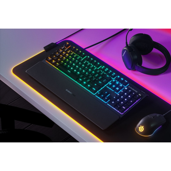 SteelSeries Apex 3 Gaming Keyboard, US Layout, Wired, Black SteelSeries Apex 3  Gaming keyboard, IP32 water resistant for protection against spills, Customizable 10-zone RGB illumination reacts to games and Discord, Whisper quiet gaming switches last for