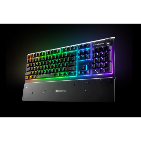 SteelSeries Apex 3 Gaming Keyboard, US Layout, Wired, Black SteelSeries Apex 3  Gaming keyboard, IP32 water resistant for protection against spills, Customizable 10-zone RGB illumination reacts to games and Discord, Whisper quiet gaming switches last for