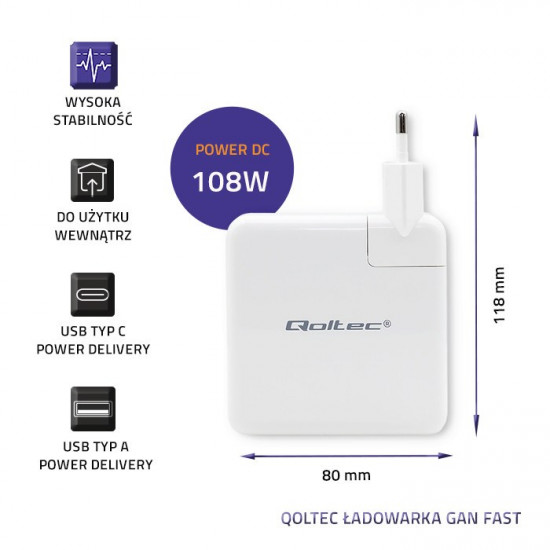 Qoltec GaN Charger FAST 108W | 5-20V | 3-4.7A | USB C | White