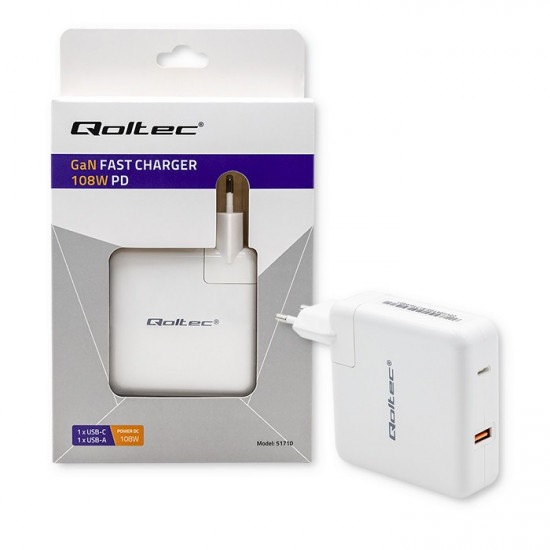 Qoltec GaN Charger FAST 108W | 5-20V | 3-4.7A | USB C | White