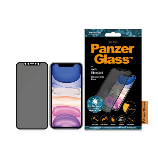 PanzerGlass | P2665 | Screen protector | Apple | iPhone Xr/11 | Tempered glass | Black | Confidentiality filter; Full frame coverage; Anti-shatter film (holds the glass together and protects against glass shards in case of breakage); Case Friendly – compa