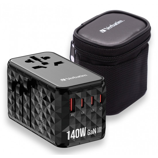 Verbatim UTA-10 140W GaN III Universal Travel Adapter with 2 x USB-C PD 3.1 & QC 4+, 1 x USB-C PD 3.0 & 1 x USB-A QC 3.0 ports