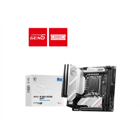 MSI | MPG B760I EDGE WIFI | Processor family Intel | Processor socket  LGA1700 | DDR5 DIMM | Memory slots 2 | Supported hard disk drive interfaces SATA, M.2 | Number of SATA connectors 4 | Chipset Intel B760 | Mini-ITX