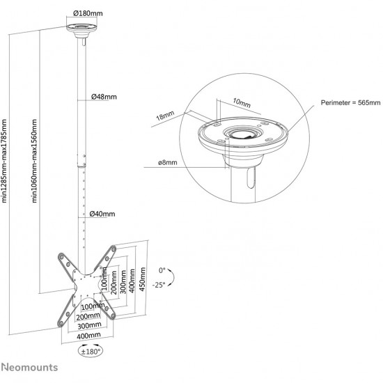 Neomounts Deckenhalterung für Flachbildschirme/Fernseher bis 75 50KG FPMA-C340BLACK