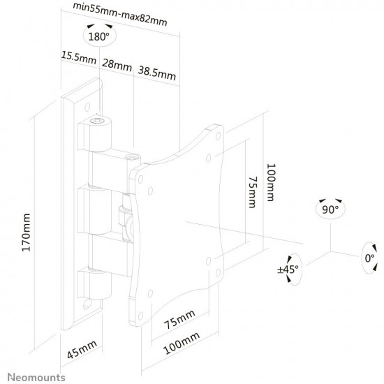 Neomounts Wandhalterung mit zwei Drehpunkten für Flachbildschirme bis 27 (69 cm) 12KG FPMA-W810BLACK Neomounts