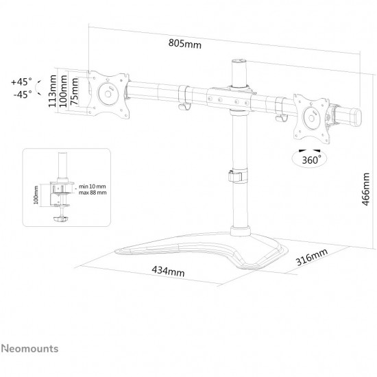 Neomounts Full-Motion-Tischhalterung für 10-27 Bildschirme 16KG NM-D335DBLACK Black