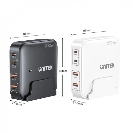 GaN network charger - Unitek P1228ABK01-EU | 70W 2x USB-C 2x USB-A