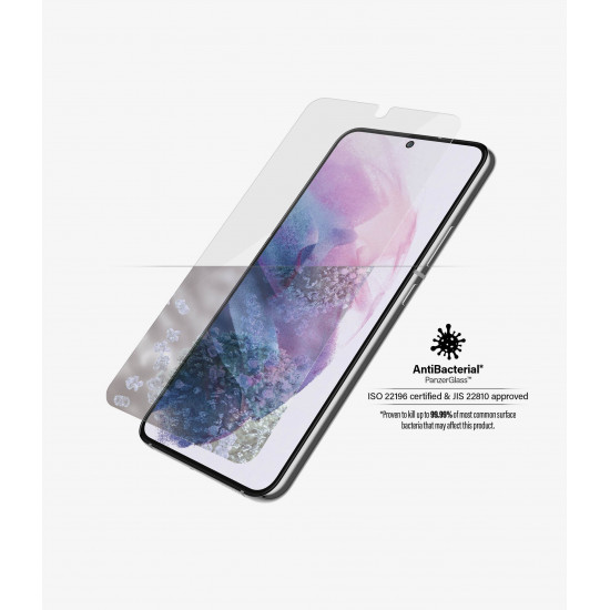 PanzerGlass | Samsung | Galaxy S22 | Tempered glass | Transparent | Case friendly. Compatible with ultrasonic fingerprint sensor. 100 % touch sensitivity. Antibacterial (ISO 22196 certified & JIS 22810 approved) | Screen Protector