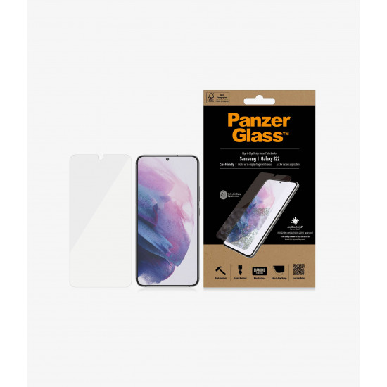 PanzerGlass | Samsung | Galaxy S22 | Tempered glass | Transparent | Case friendly. Compatible with ultrasonic fingerprint sensor. 100 % touch sensitivity. Antibacterial (ISO 22196 certified & JIS 22810 approved) | Screen Protector