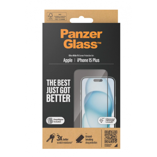 PanzerGlass | Screen protector | Apple | IPhone 15 Plus | Glass | Transparent | Ultra-wide fit, Scratch resistant, Drop protection, EasyAligner included