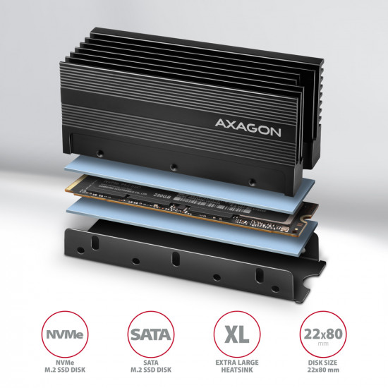 AXAGON Passive aluminum heatsink for single-sided and double-sided M.2 SSD disks, size 2280, height 36 mm | CLR-M2XL