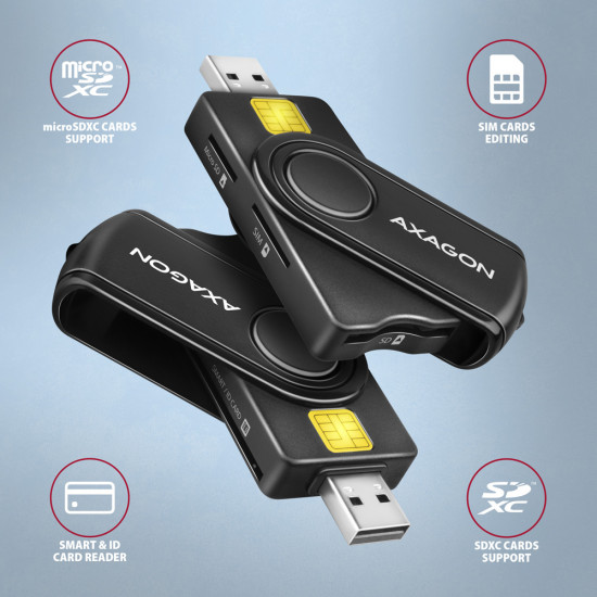 AXAGON Compact travel USB-A + USB-C contact Smart/ID card and SD/microSD/SIM card reader | CRE-SMP2A