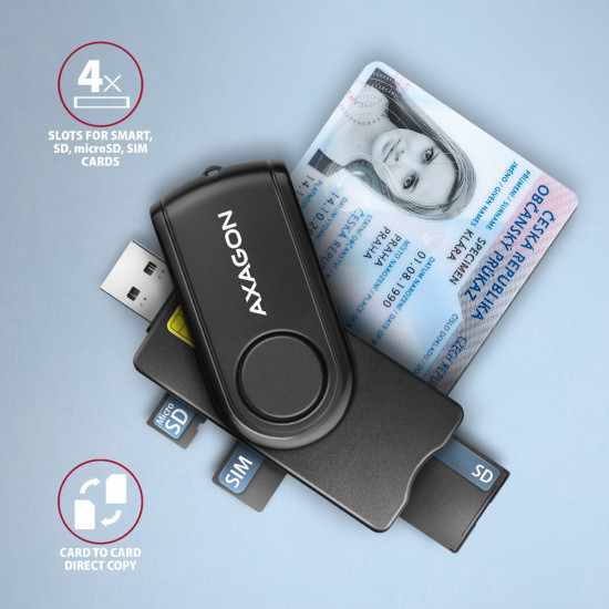 AXAGON Compact travel USB-A + USB-C contact Smart/ID card and SD/microSD/SIM card reader | CRE-SMP2A