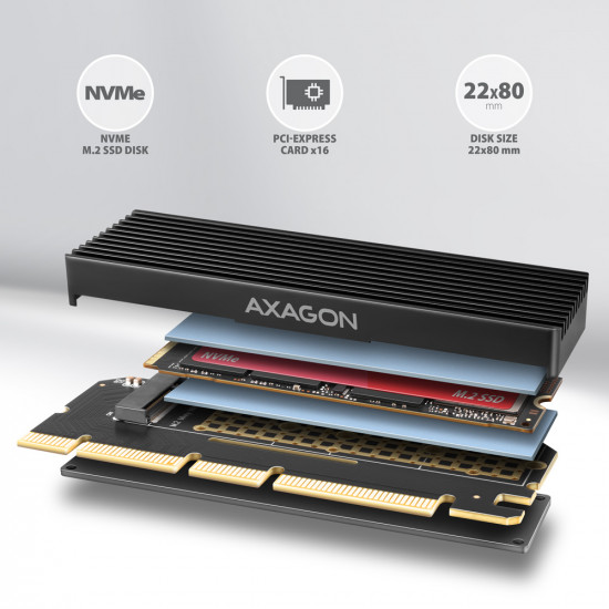 AXAGON PCI-Express x16 adapter with cooler for connecting an NVMe M.2 SSD drive to a computer | PCEM2-XS