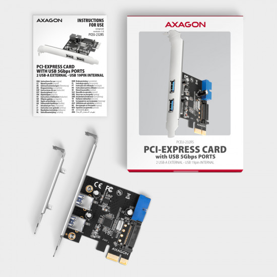 AXAGON PCI-Express card with a pair of internal and a pair of external USB 5Gbps ports | PCEU-232RS