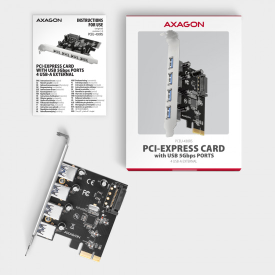 AXAGON PCI-Express card with four external USB-A 5Gbps ports | PCEU-430RS