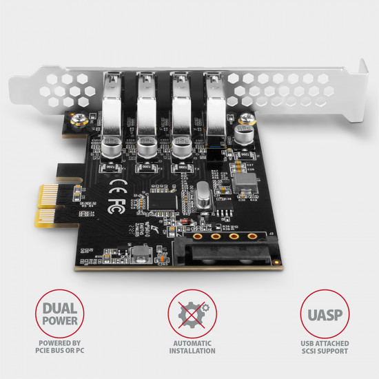 AXAGON PCI-Express card with four external USB 3.2 Gen1 ports with dual power | PCEU-43RS