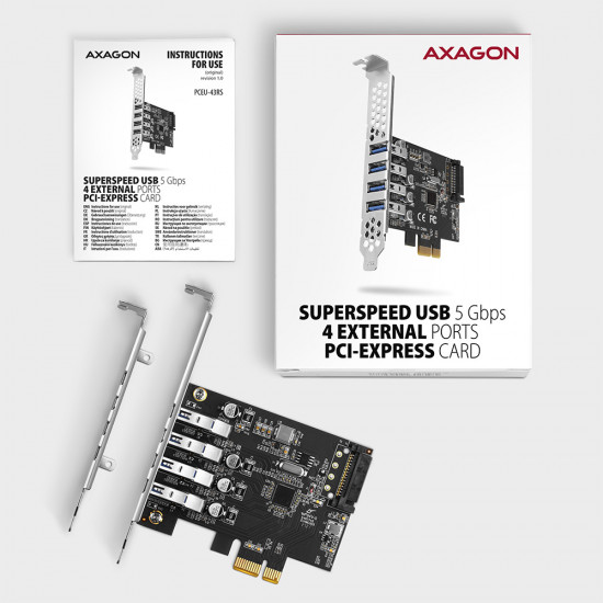 AXAGON PCI-Express card with four external USB 3.2 Gen1 ports with dual power | PCEU-43RS