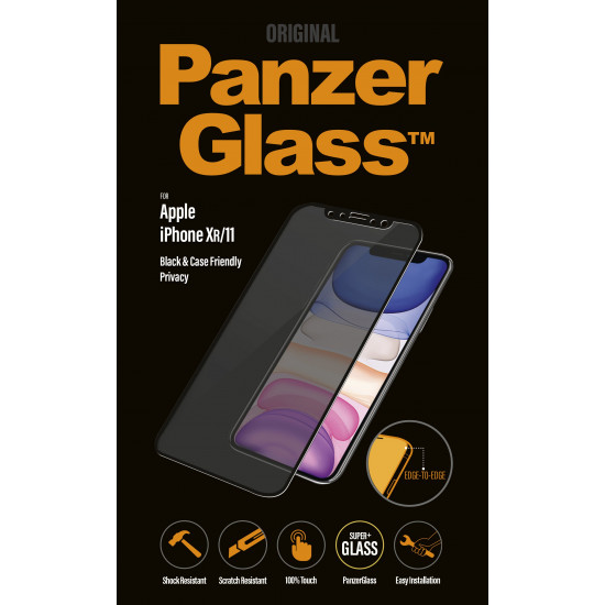 PanzerGlass | P2665 | Screen protector | Apple | iPhone Xr/11 | Tempered glass | Black | Confidentiality filter; Full frame coverage; Anti-shatter film (holds the glass together and protects against glass shards in case of breakage); Case Friendly – compatible with all Cases; Anti-glare coating (reduces light reflection); Blue light reduction; Easy Installation with full adhesive; Oleophobic layer (anti-bacterial + anti-fingerprint); 100% touch preservation; Maintains all phone functional