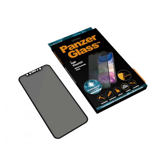 PanzerGlass | P2665 | Screen protector | Apple | iPhone Xr/11 | Tempered glass | Black | Confidentiality filter; Full frame coverage; Anti-shatter film (holds the glass together and protects against glass shards in case of breakage); Case Friendly – compatible with all Cases; Anti-glare coating (reduces light reflection); Blue light reduction; Easy Installation with full adhesive; Oleophobic layer (anti-bacterial + anti-fingerprint); 100% touch preservation; Maintains all phone functional