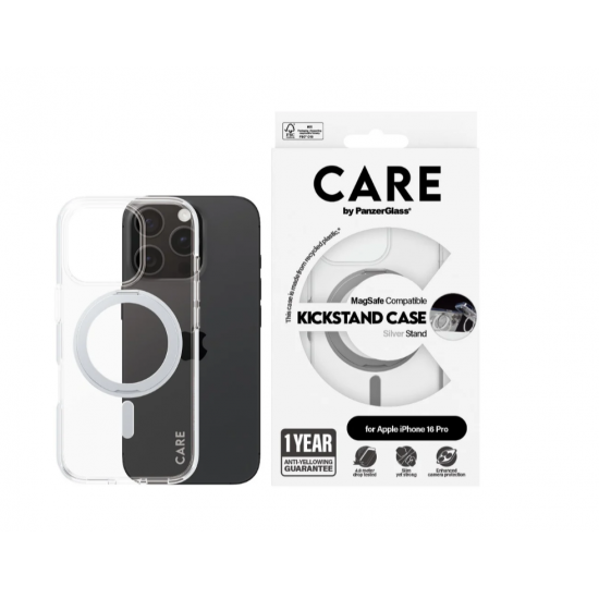 CARE Feature Case | Back cover | Apple | iPhone 16 PRO | Recycled plastic | Silver | Kickstand & MagSafe