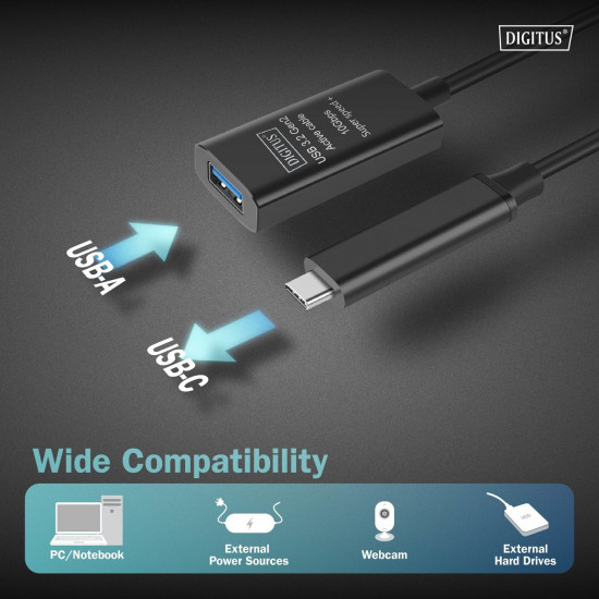 Digitus | Active USB 3.2 Gen2 10G extension cable | DA-73113 | USB-C to USB-A