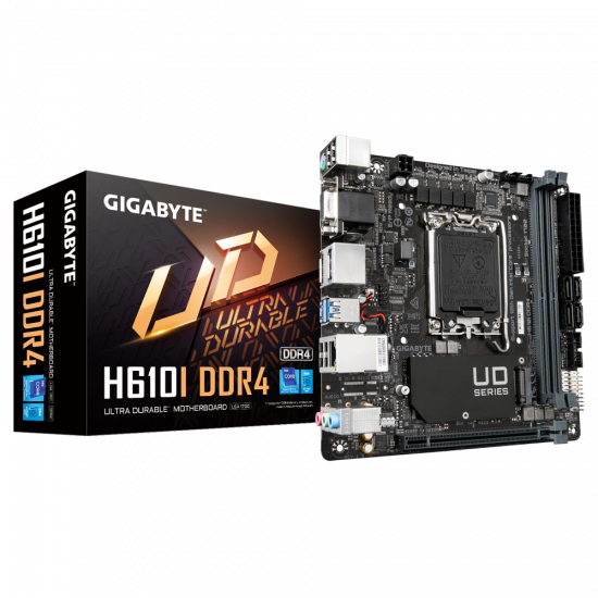 Gigabyte | H610I DDR4 1.0 M/B | Processor family Intel | Processor socket  LGA1700 | DDR4 DIMM | Memory slots 2 | Supported hard disk drive interfaces 	SATA, M.2 | Number of SATA connectors 4 | Chipset Intel H610 Express | Mini-ITX