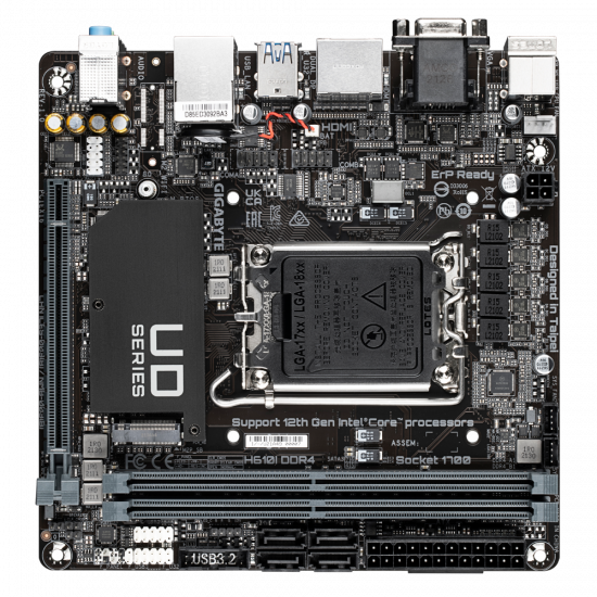 Gigabyte | H610I DDR4 1.0 M/B | Processor family Intel | Processor socket  LGA1700 | DDR4 DIMM | Memory slots 2 | Supported hard disk drive interfaces 	SATA, M.2 | Number of SATA connectors 4 | Chipset Intel H610 Express | Mini-ITX