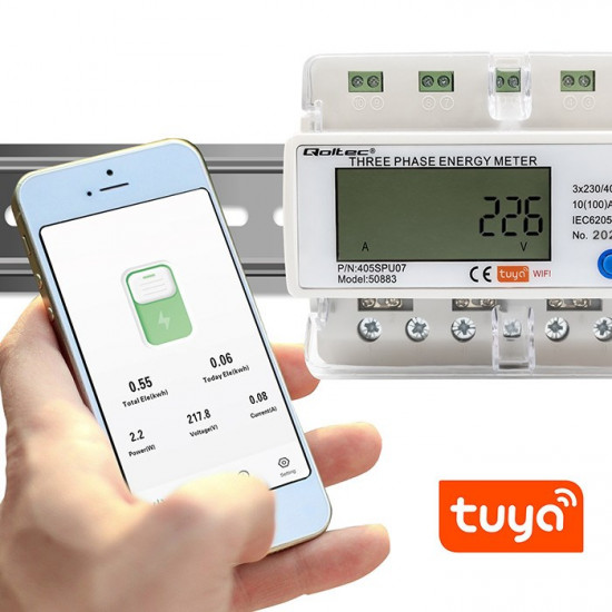 Qoltec 50883 Three phase electronic energy consumption meter for DIN rail | Wi-Fi | TUYA | 400V | LCD