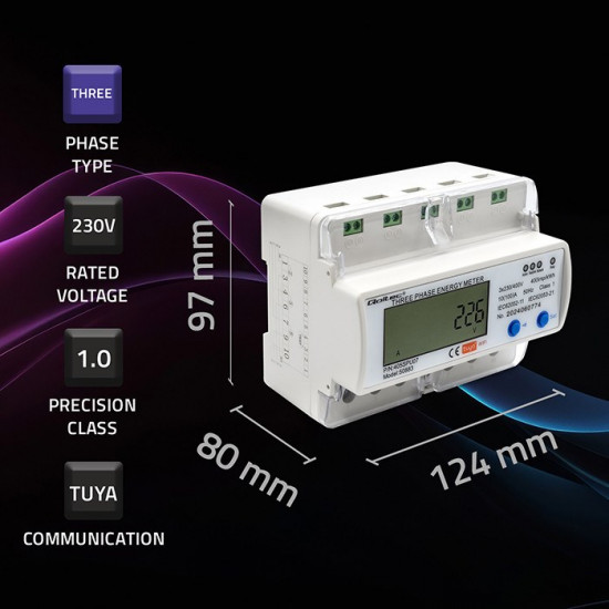 Qoltec 50883 Three phase electronic energy consumption meter for DIN rail | Wi-Fi | TUYA | 400V | LCD