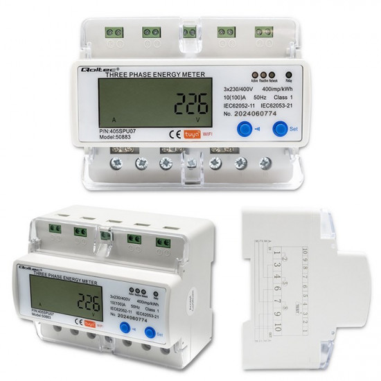 Qoltec 50883 Three phase electronic energy consumption meter for DIN rail | Wi-Fi | TUYA | 400V | LCD