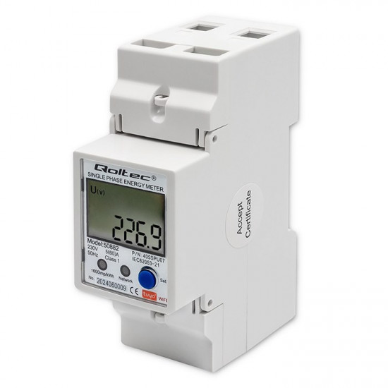 Qoltec 50882 Single phase electronic energy consumption meter for DIN rail | Wi-Fi | TUYA | 230V | LCD