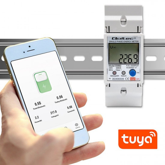 Qoltec 50882 Single phase electronic energy consumption meter for DIN rail | Wi-Fi | TUYA | 230V | LCD