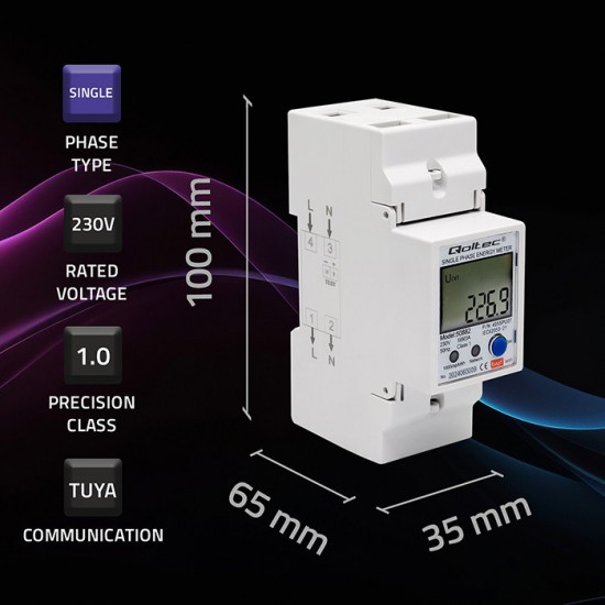 Qoltec 50882 Single phase electronic energy consumption meter for DIN rail | Wi-Fi | TUYA | 230V | LCD